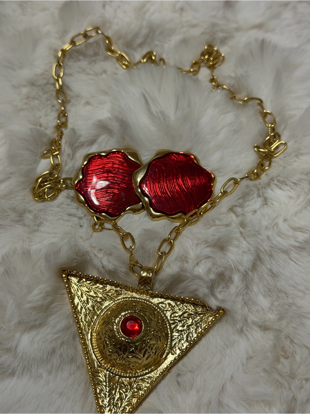Gold-Tone Necklace with Red Enamel Accents and Earring Set - Women's Jewelry